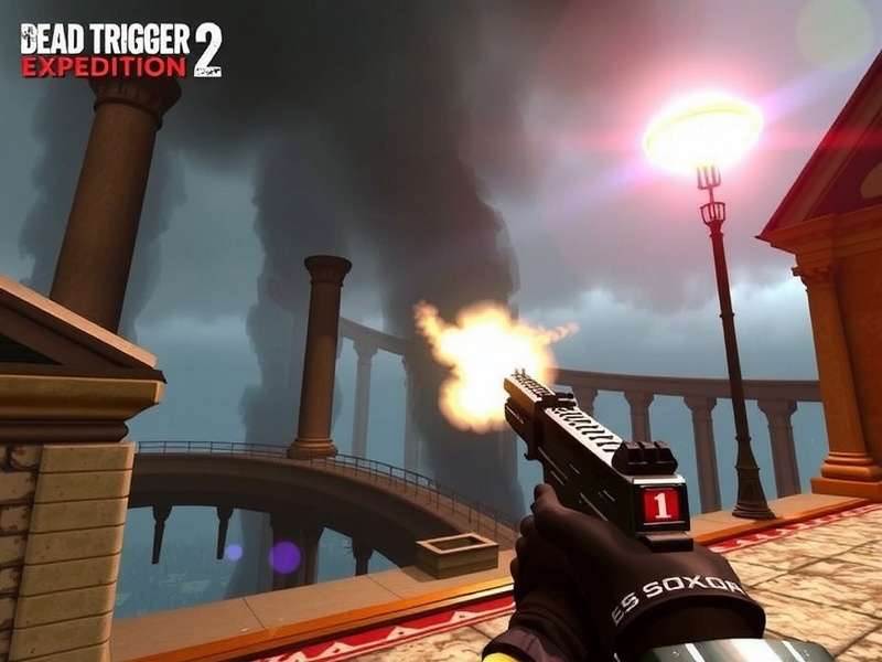 Dead Trigger 2 player holding a rocket launcher against a zombie horde in an expedition