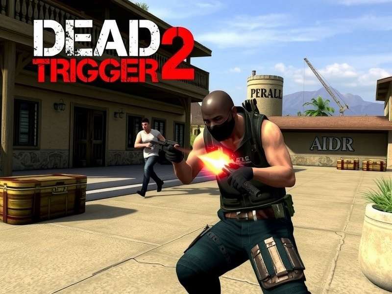 Dead Trigger 2 gameplay screenshot showing a player fighting zombies in a post-apocalyptic city