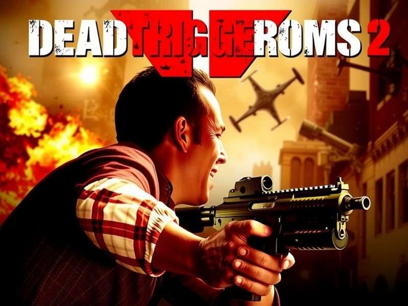 Dead Trigger 2 Full Game cover art showing a survivor aiming at a zombie horde in a post-apocalyptic city