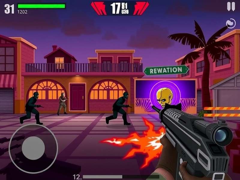 Dead Trigger 2 gameplay screenshot featuring a survivor aiming at zombies in a post-apocalyptic city